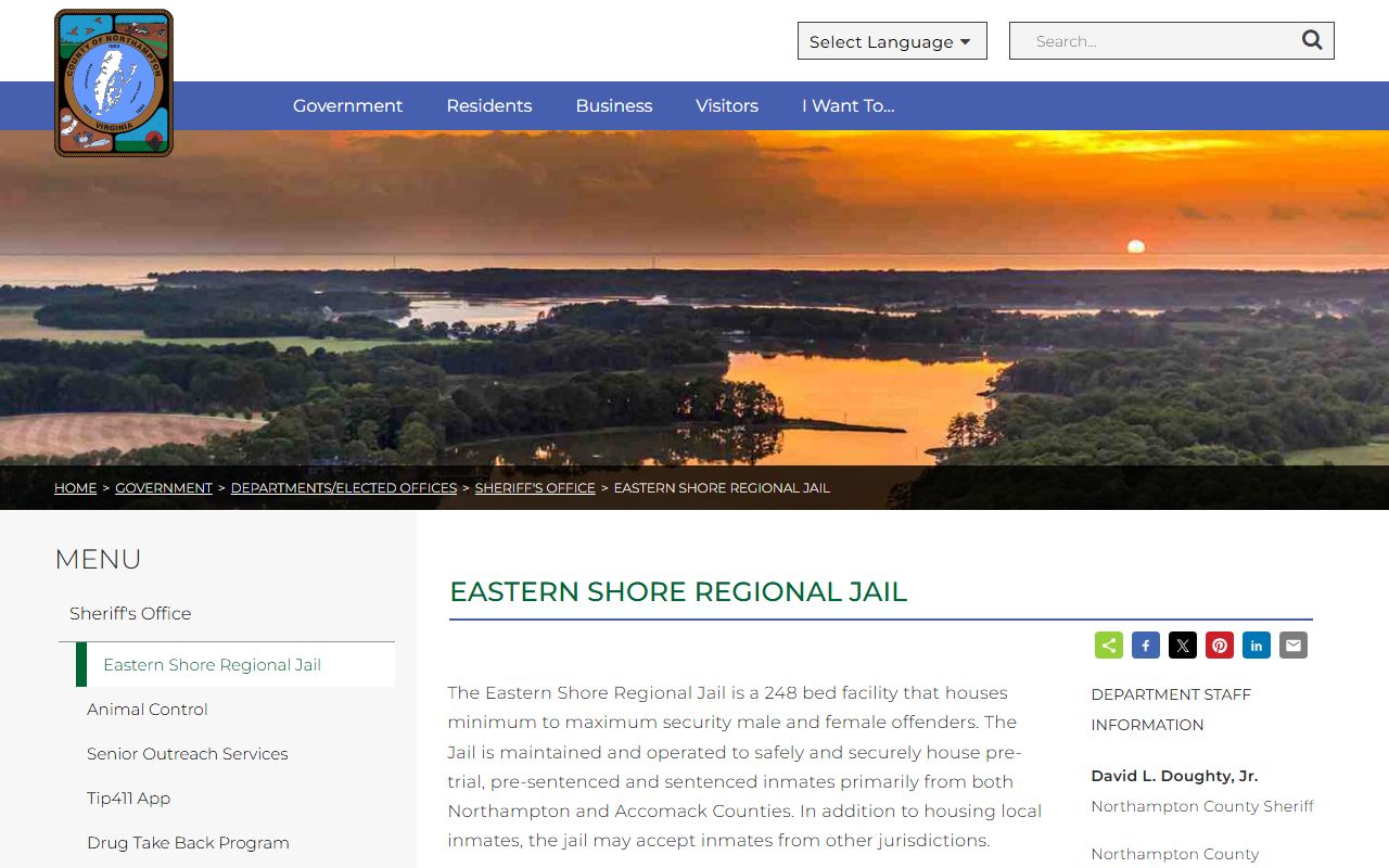 Eastern Shore Regional Jail inmate custody and visitation information page